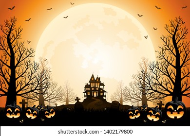 Halloween pumpkins, spooky trees and haunted house with moonlight on orange background.