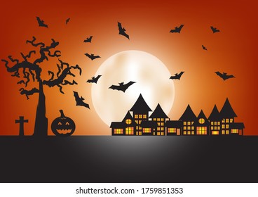 Halloween pumpkins, spooky trees and haunted house with moonlight on orange background.
