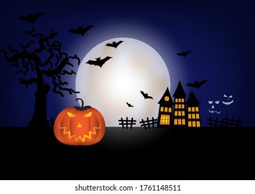 Halloween pumpkins, spooky trees and haunted house with moonlight on dark blue background.