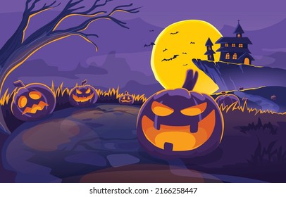 Halloween pumpkins, spooky trees and haunted house with moonlight on purple background.