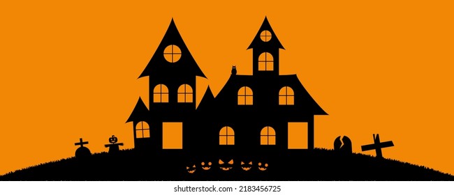 Halloween pumpkins, spooky trees, and a haunted house on orange background. Mystical house in cemetery silhouette illustration. Spooky old palace with gravestones.
