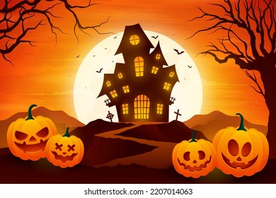 Halloween pumpkins, spooky trees and haunted castle with moonlight on orange background.