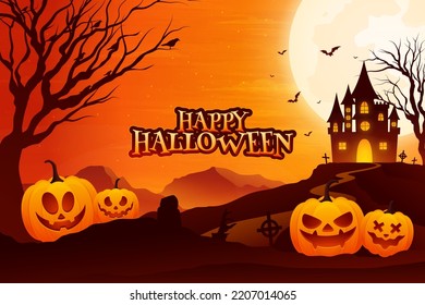 Calabazas de Halloween, árboles espeluznantes y un castillo embrujado a la luz de la luna. Feliz tipografía de Halloween.