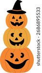 Halloween pumpkins stacked flat vector illustration.
Fall Jack o lantern pumpkin clipart isolated.
Transparent background.