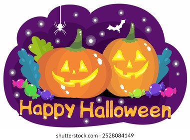 Halloween pumpkins, starry night, candy, spider, bat. Vector file. Two pumpkins with carved faces.