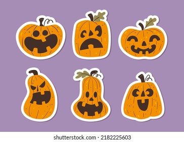 Halloween Pumpkins Sticker Collection. Funny hand-drawn Halloween pumpkins cliparts. Vector illustration. Set 1 of 2.