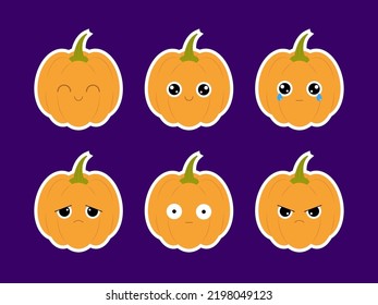 Halloween pumpkins sticker pack. Set of cute emoticons in flat design