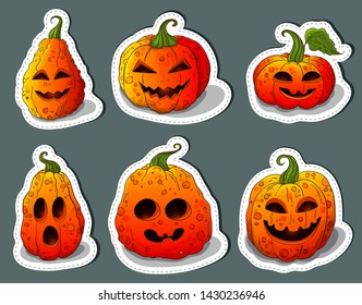 Halloween pumpkins sticker set. Jack o lantern badges collection. Halloween template pack, scrapbook images. Hand drawn jack head pumpkin, many type pumpkins faces. Pumpkin icons set.