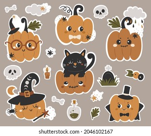 Halloween pumpkins stickers Collection. Vector illustration for design of planners, notebooks and more