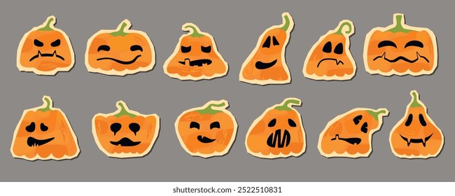 Halloween pumpkins stickers set isolated on grey background.Cartoon characters with funny and scary faces.Vector designs with textures.Decorative elements for card,banner,invitation.Flat illustration.