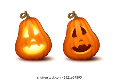 Abóboras de Halloween com rosto surpreso ícones de cores realistas definido. Jack-o-lantern expressando medo 3d personagens ilustrações em branco