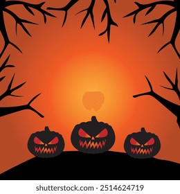 halloween pumpkins surrounded by dry tree branches on colored background, halloween background