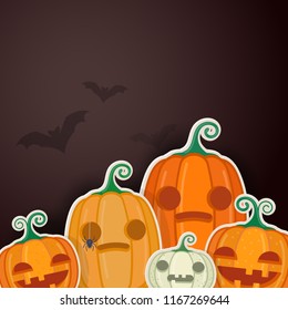 Halloween pumpkins with sweets and autumn leaves. Halloween design card template. Vector illustration