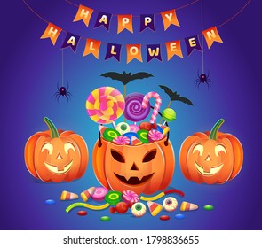 Calabazas de Halloween con dulces. Ilustración vectorial de dibujos animados. Icono para juegos y aplicaciones móviles.