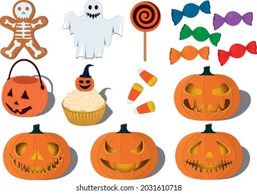 Halloween pumpkins, sweets and items collection vector illustration