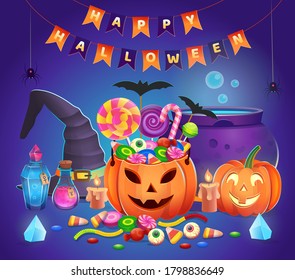 Halloween pumpkins with sweets, witch hat, cauldron, potions, crystals and candles. Cartoon vector illustration. Icon for games and mobile application.