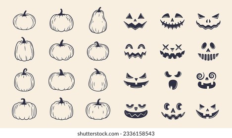 Halloween pumpkins templates. 12 blank pumpkins and 12 spooky faces for create your own design. Jack o Lantern set. Vector illustration