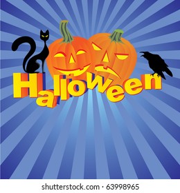 Halloween pumpkins text on blue background with black cat and crow