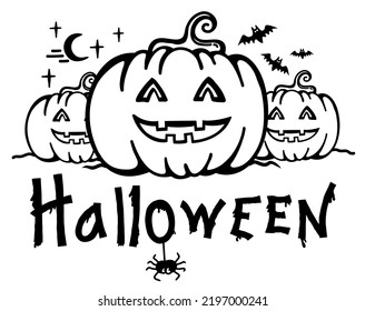 Halloween pumpkins with text and symbol spider web and bats. Vector black printable halloween symbols isolated on white bakground.