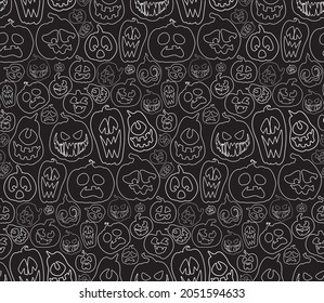 Textura de calabazas de Halloween. Patrón sin inconvenientes para la aplicación en papel pintado, estampado de tela, fondo, etc. Calabazas para la temporada espeluznante. Expresiones divertidas y horrorosas. Fondo transparente de líneas blancas