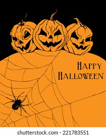 Halloween pumpkins. Three pumpkins with evil faces, spider and net on orange background.