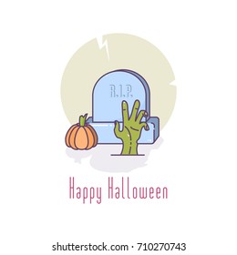 Halloween pumpkins and Tombstone. Halloween design card template. Vector illustration.