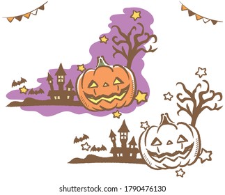 Calabazas y árboles de Halloween, casa fantasma. Ilustración vectorial.