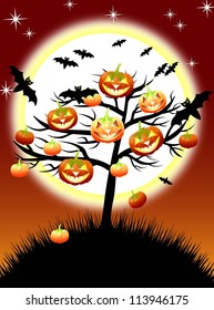 Halloween pumpkins tree on night background with a moon, EPS10