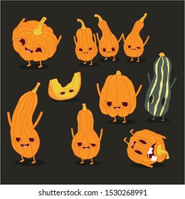 Halloween pumpkins, type of pumpkins, Happy Halloween card, funny pumpkins. Vector illustration. Use for card, poster, banner, web design and print on t-shirt. Easy to edit.