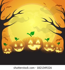 halloween pumpkins under big moon, can be used for background halloween holiday, vector illustration