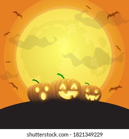 halloween pumpkins under big moon, can be used for background halloween holiday, vector illustration