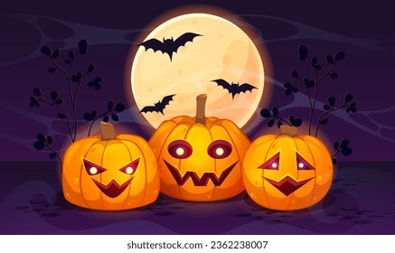 Halloween pumpkins under the moonlight with bats. Colorful vector illustration in cartoon style.