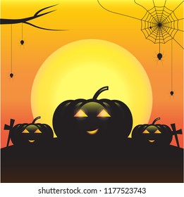 Halloween pumpkins under the moonlight. Orange background.