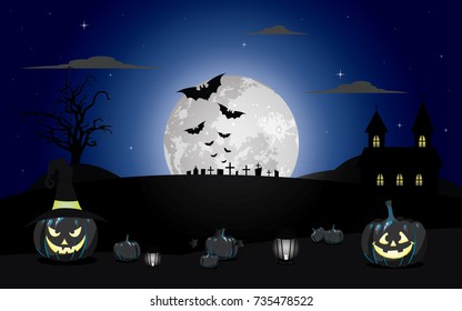 Halloween pumpkins under the moonlight vector illustration