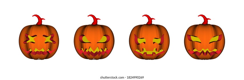 Halloween pumpkins with various and different expressions in realistic style are used as decorations for halloween celebrations