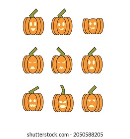 Halloween pumpkins vector 9 icons set, Emotion Expression Variation. Simple flat style design elements. Set of spooky horror images of pumpkins. Goofy Jack-o-lantern facial expressions Illustration.