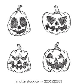 Halloween pumpkins in vector with different face icon set. Hand drawn illustration. Monsters faces. Design elements for logo, badges, banners, labels, posters