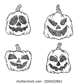 Halloween pumpkins in vector with different face icon set. Hand drawn illustration. Monsters faces. Design elements for logo, badges, banners, labels, posters