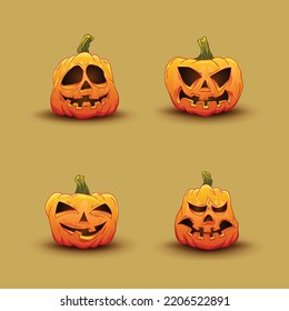 Halloween pumpkins in vector with different face icon set. Hand drawn illustration. Monsters faces. Design elements for logo, badges, banners, labels, posters