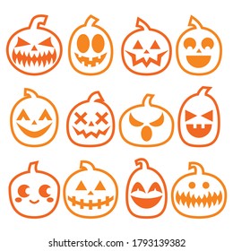 Halloween Pumpkins vector icon set, Halloween scary faces design collection, stroke pumpkin decoration in orange on white background
 