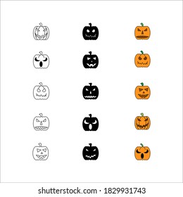 Halloween Pumpkins vector icon set, Halloween scary faces design collection, stroke pumpkin decoration in black on white background Illustration