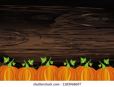 Halloween pumpkins. Vector illustration on wooden background. Greeting card or invitation to a party and a party. Copy space.