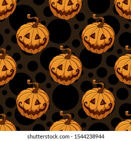 Halloween pumpkins vector illustration seamless pattern for flyers, posters, wrapping for holiday or all saints eve party. Spooky illustration of orange pumpkins on dark background