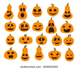 Halloween Pumpkins Vector Illustration. Set of Cartoon Halloween Pumpkins with Different Designs and Emotions