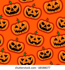 Halloween Pumpkins vector pattern in orange background