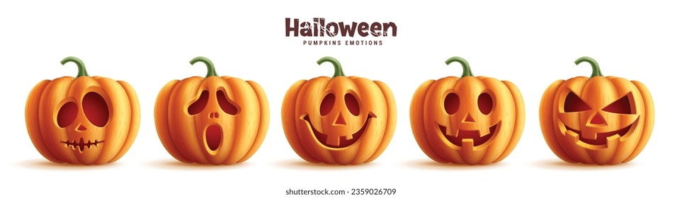 Halloween pumpkins vector set design. Pumpkins orange collection in funny, creepy and spooky facial expression isolated in white background. Vector illustration trick or treat party elements.