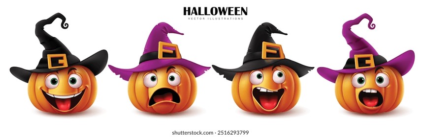 Halloween pumpkins vector set design. Halloween cartoon pumpkins in funny smiling faces wearing witch black and purple hat isolated in white background. Vector illustration spooky trick or treat party