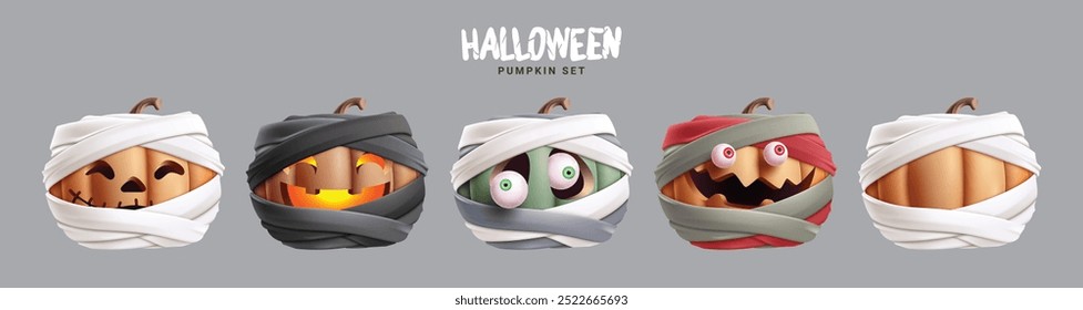 Halloween pumpkins vector set design. Pumpkins mummy characters collection with funny, naughty, cute and scary facial expressions in gray isolated background. Vector illustration spooky colorful mummy