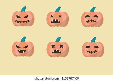 Halloween pumpkins in vector with set of different faces for icons and decorations in yellow background. Vector illustration.