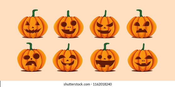 Halloween pumpkins in vector with set of different faces for icons and decorations in bright background. Vector illustration.